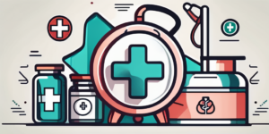 A medical cross symbol surrounded by various healthcare related items such as stethoscope